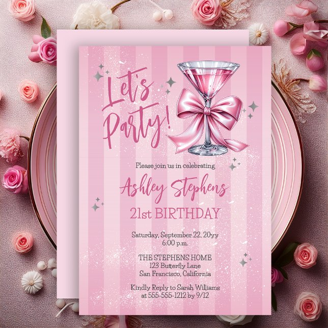 Convite Pink Martini Let's Party 21st Birthday Party (Pink Martini "Let's Party" Adult Birthday Party Invitation)