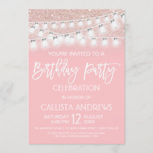 Convite Pink Mason Jar String Luz Brilhante Aniversário