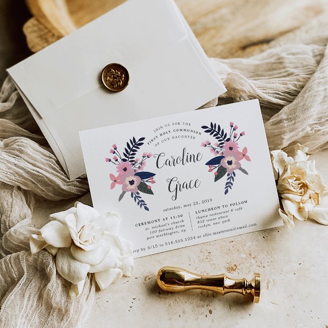 Convite Pink Meadow | Floral Primeira Comunhão Santa (Criador carregado)