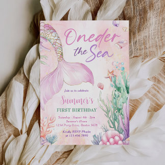 Convite Pink Mermaid 1st Birthday Oneder the Sea Party