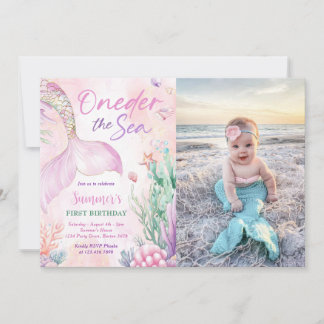 Convite Pink Mermaid 1st Birthday Oneder the Sea Photo