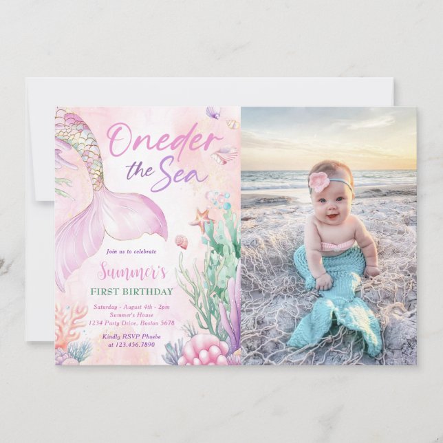 Convite Pink Mermaid 1st Birthday Oneder the Sea Photo (Frente)