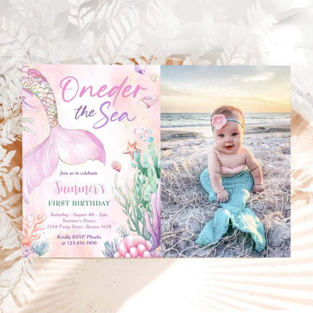 Convite Pink Mermaid 1st Birthday Oneder the Sea Photo (Criador carregado)