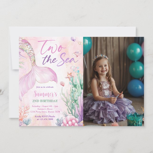 Convite Pink Mermaid 2nd Birthday Two the Sea Photo (Frente)
