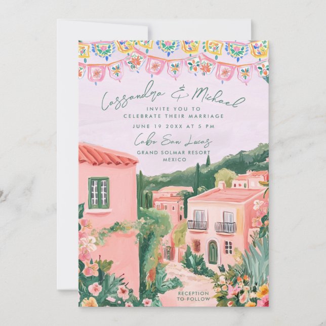 Convite Pink Mexican Town Destination Wedding (Frente)