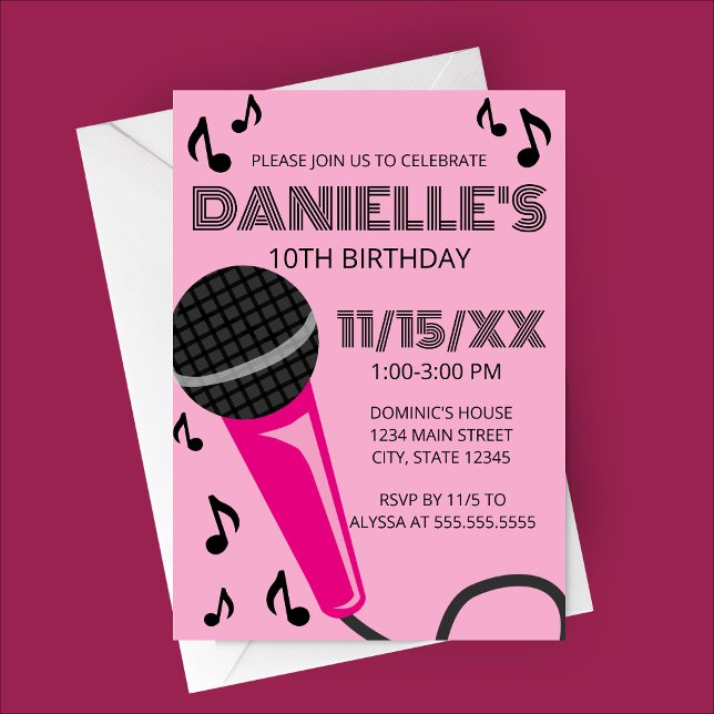 Convite Pink Microphone Kids Birthday Invitation (Pink Microphone Karaoke Birthday Party Invitation)