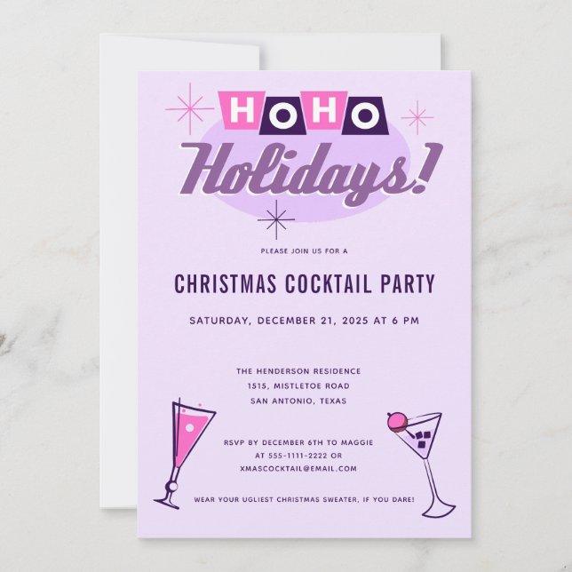 Convite Pink Midcentury Modern Christmas Cocktail Party (Frente)