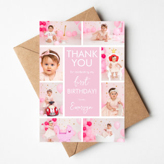 Convite Pink Minimalist 1st Birthday Photo Thank You Card 