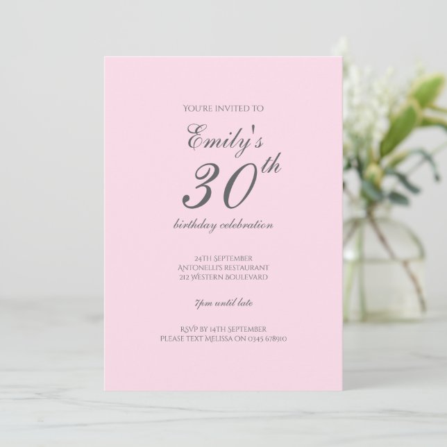 Convite Pink Minimalist 30th Birthday Party Invitation (Em pé/Frente)