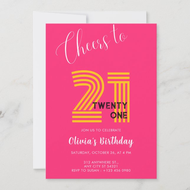 Convite Pink Minimalist Girly 21st Birthday Invitation  (Frente)