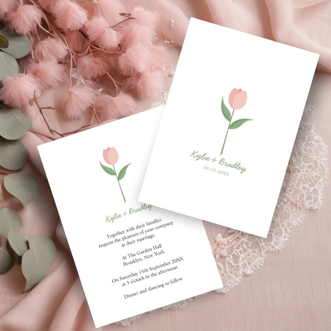 Convite Pink Minimalist Tulip (This minimalist design with a pink tulip is elegant and simple as the current trend in weddings.)
