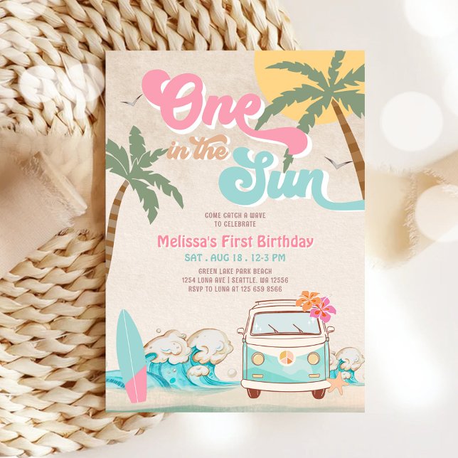 Convite Pink Mint Um no Sol Surfando Aniversário de 1 ano (Criador carregado)