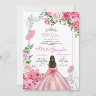 Convite Pink Mis Quince 15 Anos Borboleta Silver Crown