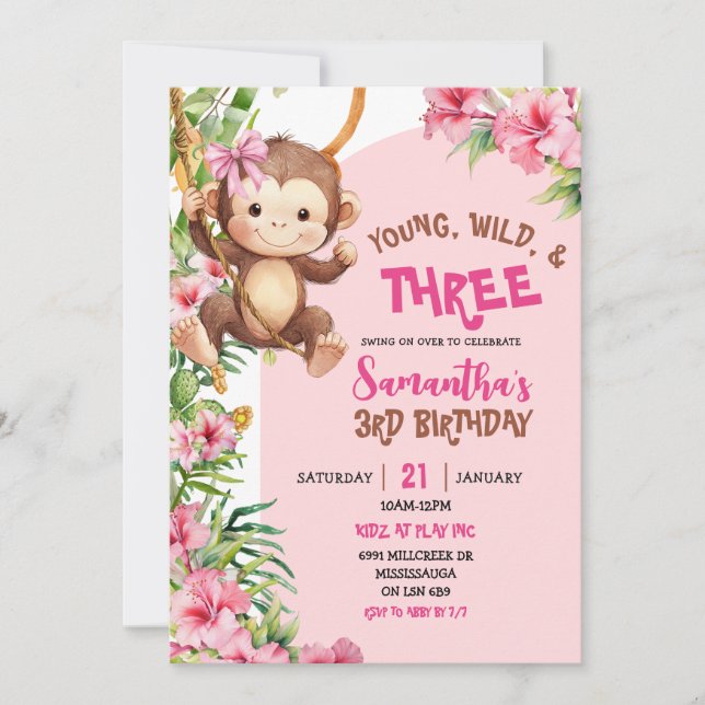 Convite Pink Monkey Young Wild Three Third Birthday (Frente)