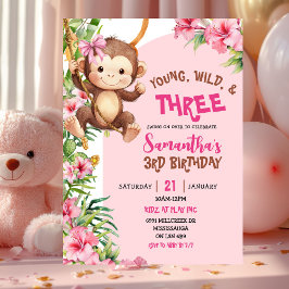Convite Pink Monkey Young Wild Three Third Birthday