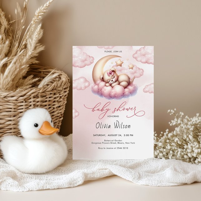 Convite Pink Moon & Teddy Bear Baby Shower (Criador carregado)