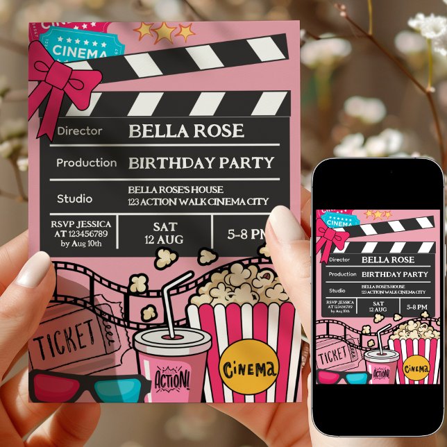 Convite Pink Movie Night Birthday Party For Girls (Criador carregado)