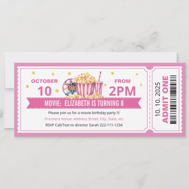 Convite Pink Movie ticket birthday invitation (Frente)