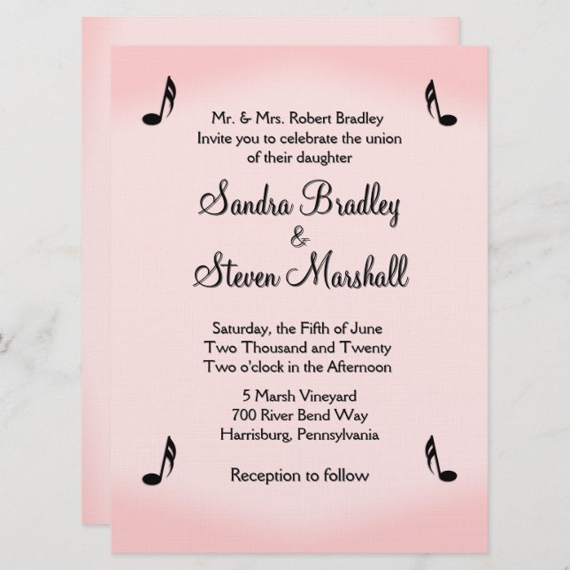 Convite Pink Music Theme Wedding (Frente/Verso)