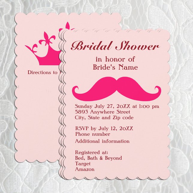 Convite Pink Mustache e Tiara Chá de panela (Pink Mustache and Tiara Bridal Shower Invitation)