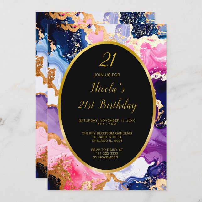 Convite Pink, Navy Blue and Gold Ink Birthday Party (Frente/Verso)