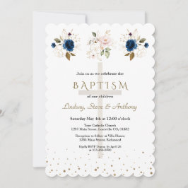 Convite Pink Navy Blue Floral Gold Triplets Baptism
