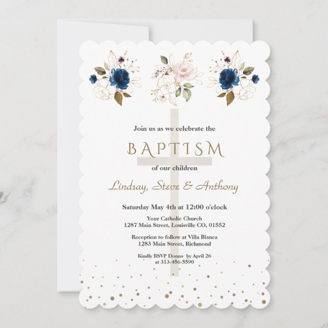 Convite Pink Navy Blue Floral Gold Triplets Baptism   (Frente)