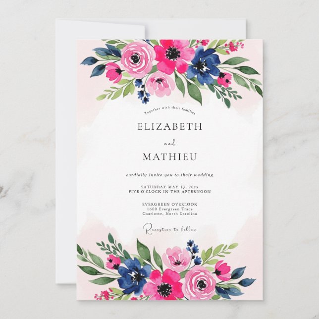 Convite Pink Navy Blue Luxuriant Botanical Wedding (Frente)
