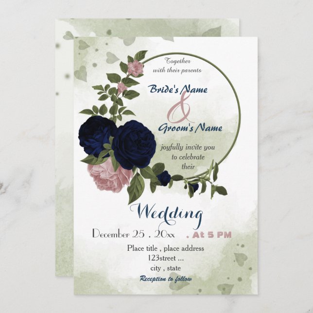 Convite pink navy flowers greenery wreath wedding (Frente/Verso)