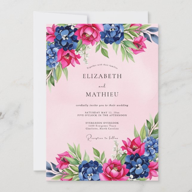 Convite Pink Navy Splendid Floral Wedding (Frente)