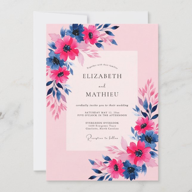 Convite Pink Navy Vibrant Spring Wedding (Frente)