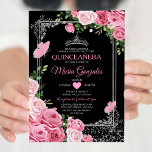 Convite Pink Negro Quinceañera Crown Butterfly 15 Anos<br><div class="desc">Quinceañera Silver Coroa Mexicana Cartaz Rosa Negra Convite Mis Quince 15 Anos,  16º Aniversário, </div>