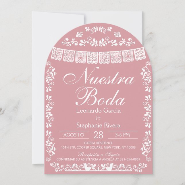 Convite Pink Nuestra Boda Papel Picado Spanish Wedding (Frente)