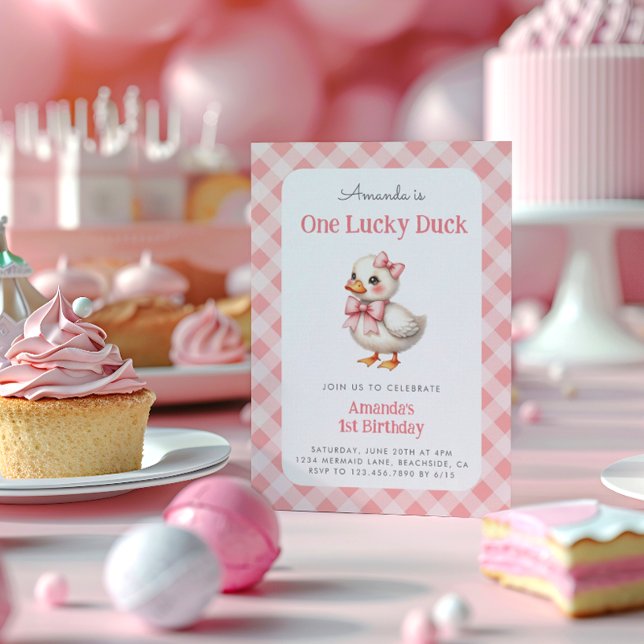Convite Pink One Lucky Duck Baby Girl Primeiro Aniversário (Criador carregado)