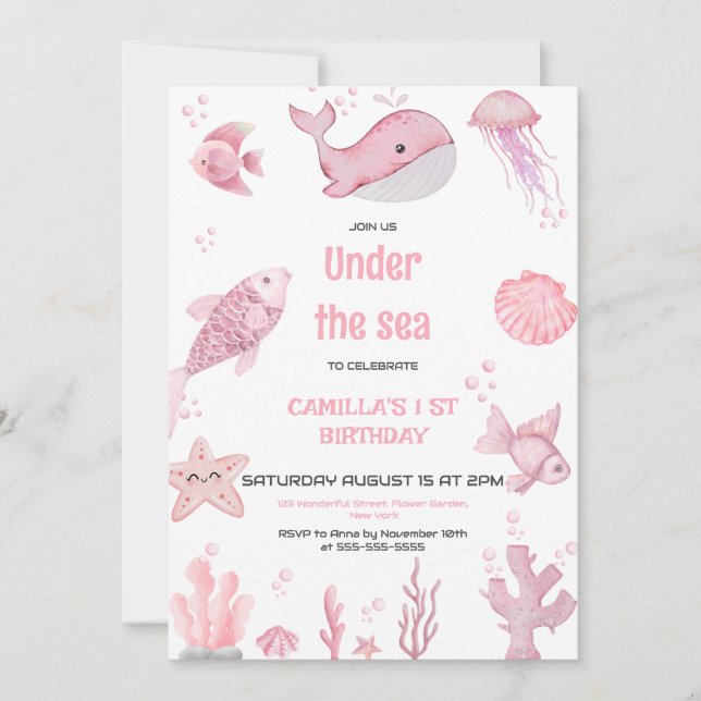 Convite Pink Oneder Sea Birthday (Frente)