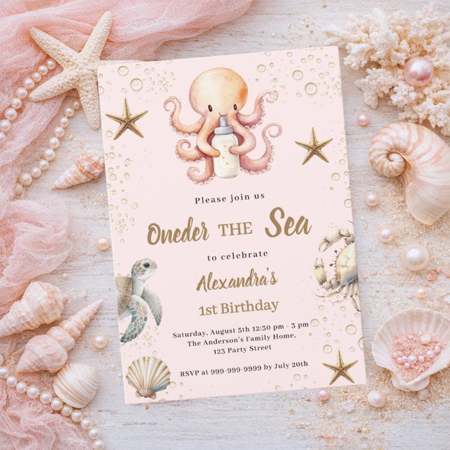 Convite Pink oneder the sea ocean animal girl 1st Birthday (Criador carregado)