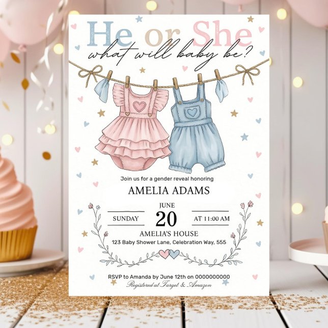 Convite Pink or Blue Baby Clothes Gender Reveal Invitation (Criador carregado)