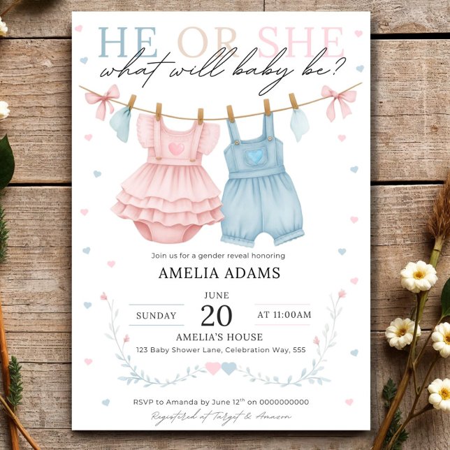 Convite Pink or Blue Baby Clothes Gender Reveal Invitation (Criador carregado)