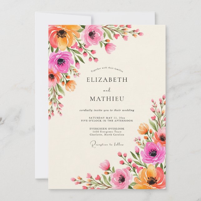 Convite Pink Orange Floral Flourish Wedding (Frente)