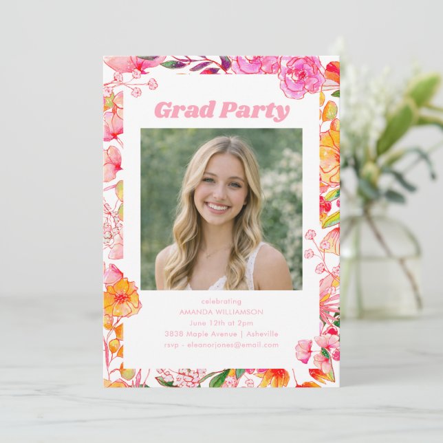 Convite Pink Orange Floral Graduation Party Photo 2026 (Em pé/Frente)