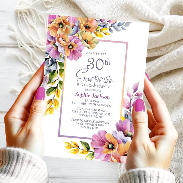 Convite Pink Orange Floral Surprise 30th Birthday Party (Criador carregado)