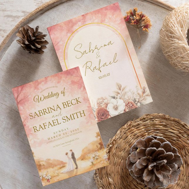 Convite Pink Orange Pastel Watercolor Outdoor Wedding  (Criador carregado)