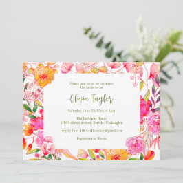 Convite Pink Orange Watercolor Flowers Chic Bridal Shower