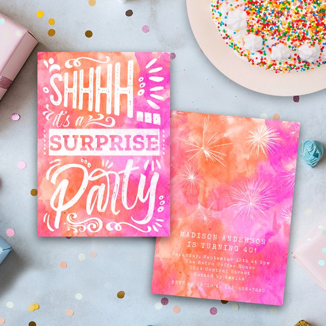 Convite Pink Orange Watercolor Shh Surprise Birthday Party (Criador carregado)