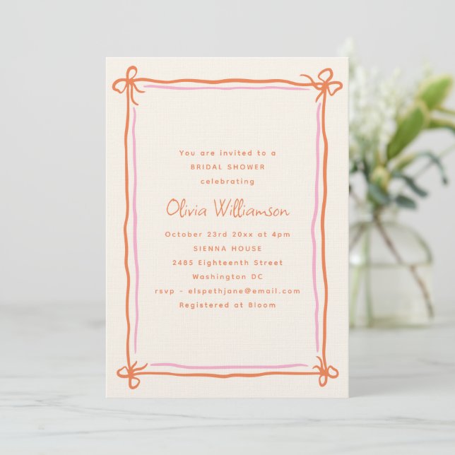 Convite Pink Orange Whimsical Ribbon Bow Bridal Shower (Em pé/Frente)