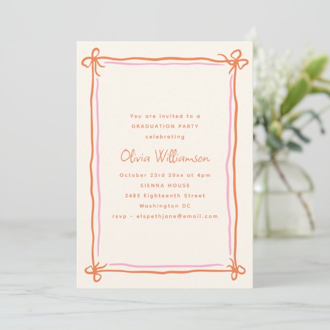 Convite Pink Orange Whimsical Ribbon Bow Graduation Party (Em pé/Frente)