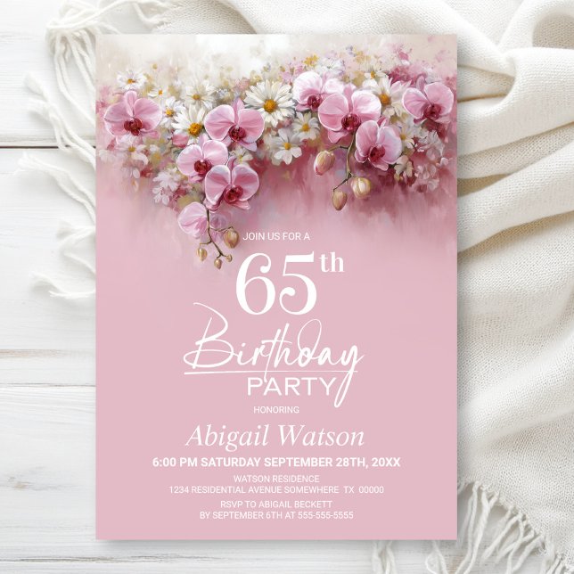 Convite Pink Orchid Floral 65th Birthday Party (Criador carregado)