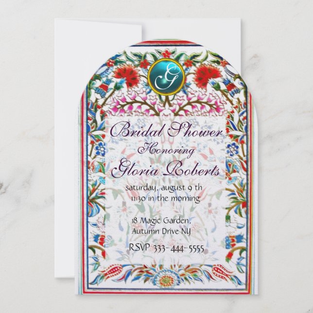 Convite PINK ORIENTAL FLOWERS DAMASK MONOGRAM Blue Pearl (Frente)