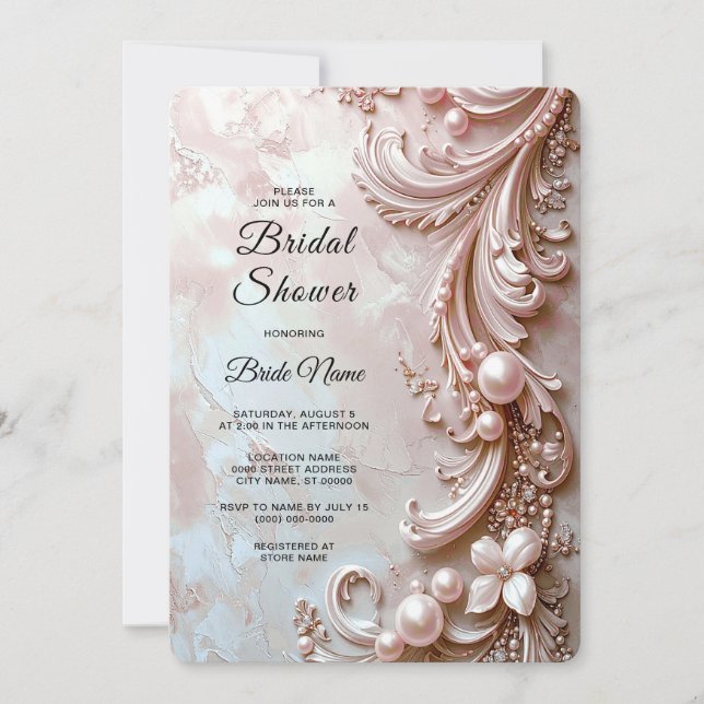 Convite Pink Ornate Pearl and Floral Bridal Shower (Frente)