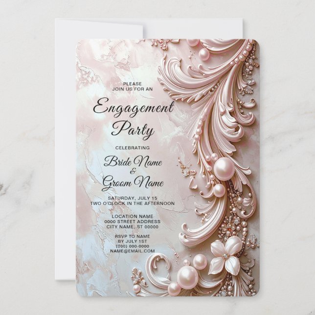 Convite Pink Ornate Pearl and Floral Engagement (Frente)